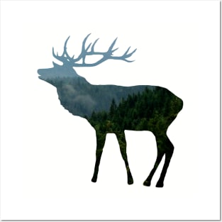 deer, antlers, stag, mountains, forest, trees Posters and Art